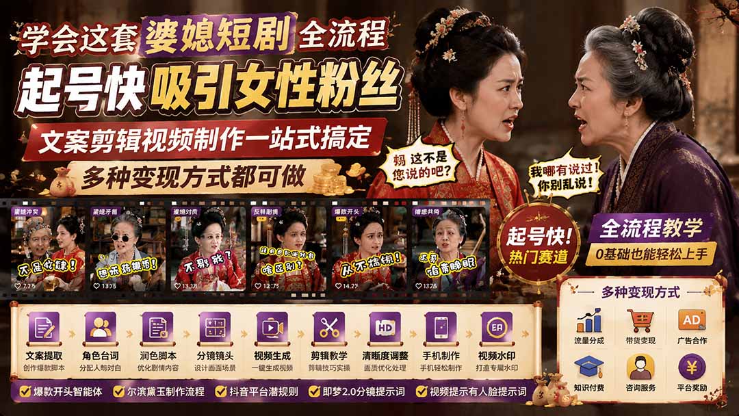 （19704期）学会这套婆媳短剧全流程：起号快吸引女性粉丝，文案剪辑视频制作一站式搞定，多种变现方式都可做-千寻创业网