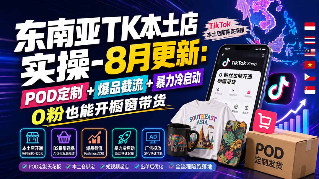 （19963期）东南亚TK本土店实操-8月更新：POD定制+爆品截流+暴力冷启动，0粉也能开橱窗带货-千寻创业网