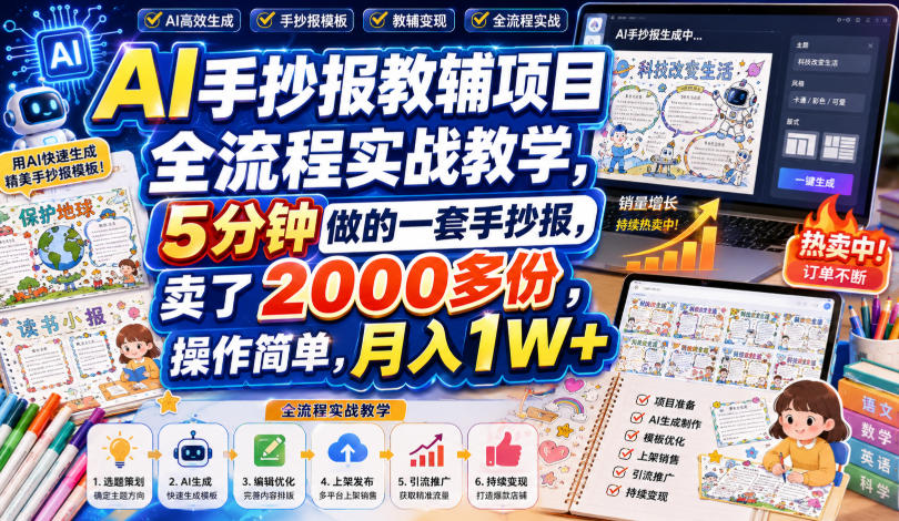 AI手抄报教辅项目全流程实战教学，5分钟做的一套手抄报，卖了2000多份，操作简单，月入1W+-千寻创业网