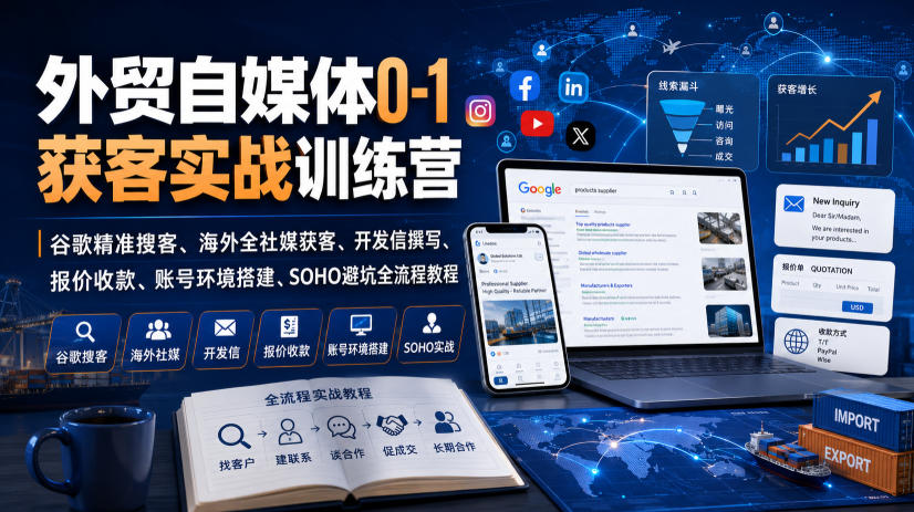 外贸自媒体0-1获客实战训练营｜谷歌精准搜客、海外全社媒获客、开发信撰写、报价收款、账号环境搭建、SOHO避坑全流程教程-千寻创业网