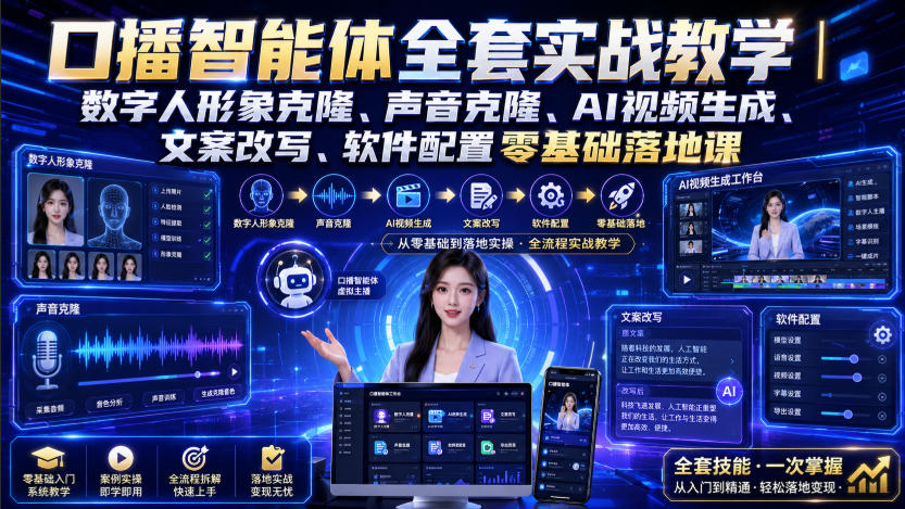 口播智能体全套实战教学｜数字人形象克隆、声音克隆、AI视频生成、文案改写、软件配置零基础落地课-千寻创业网