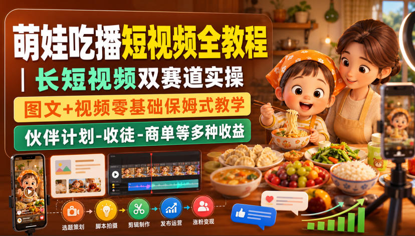 萌娃吃播短视频全教程｜长短视频双赛道实操，图文+视频零基础保姆式教学，伙伴计划-收徒-商单等多种变现方式-千寻创业网