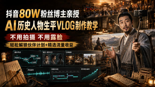抖音80W粉丝博主的AI历史人物生平VLOG教学，不用拍摄不用露脸，AI帮你搞定，轻松解锁伙伴计划+精选收益-千寻创业网