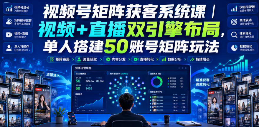 视频号矩阵获客系统课｜视频+直播双引擎布局，单人搭建50账号矩阵玩法，流量入池、搜索占位、全域引流沉淀私域全流程教学-千寻创业网
