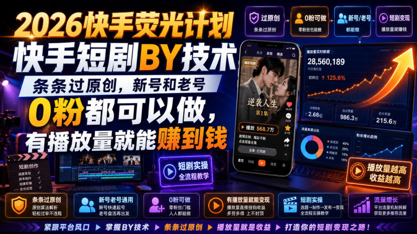 2026快手荧光计划，快手短剧搬运技术，条条过原创，新号和老号0粉都可以做，有播放量就能賺到钱-千寻创业网