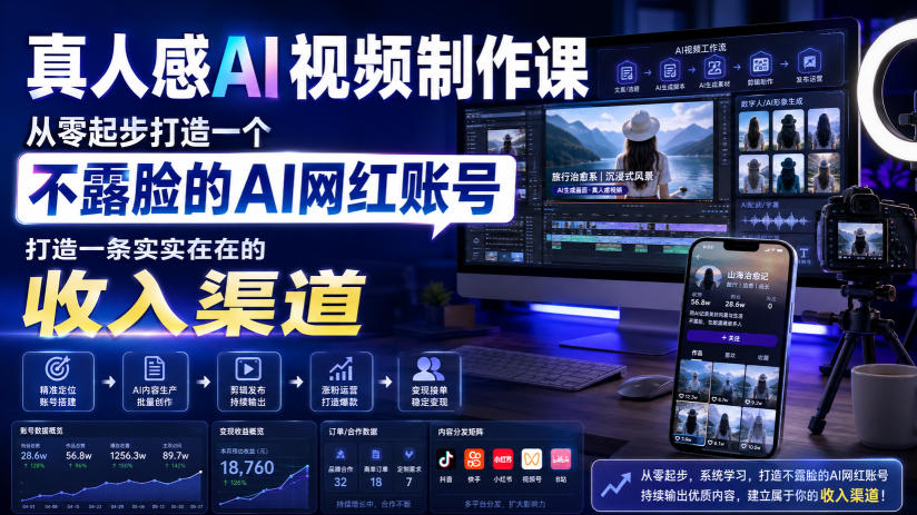 真人感AI视频制作课，从零起步打造一个不露脸的AI网红账号，打造一条实实在在的收入渠道【原创双语字幕】-千寻创业网