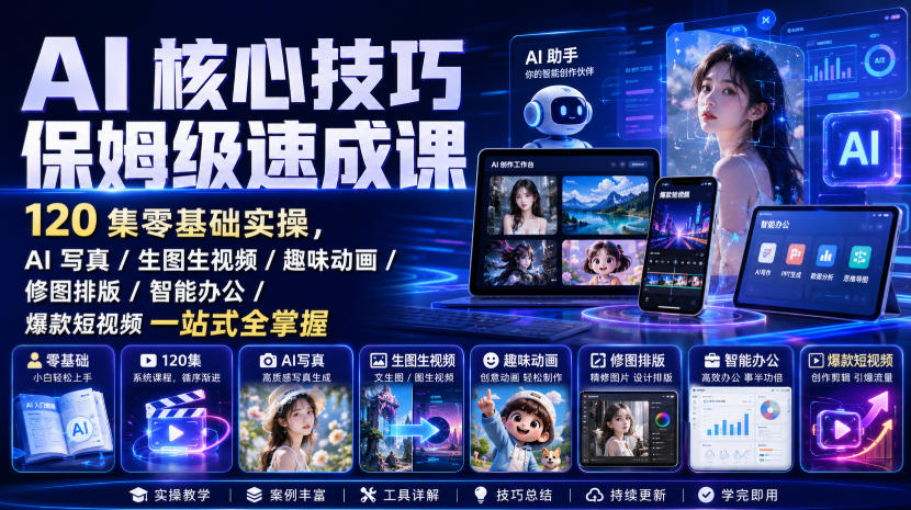 AI核心技巧保姆级速成课｜120集零基础实操，AI写真/生图生视频/趣味动画/修图排版/智能办公/爆款短视频一站式全掌握-千寻创业网