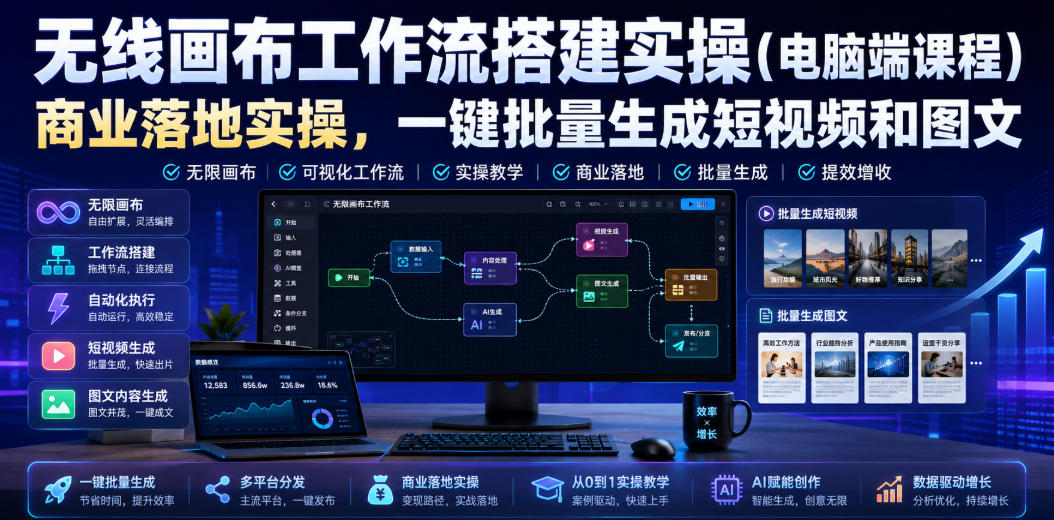 无线画布工作流搭建实操（电脑端课程），商业落地实操，一键批量生成短视频和图文-千寻创业网
