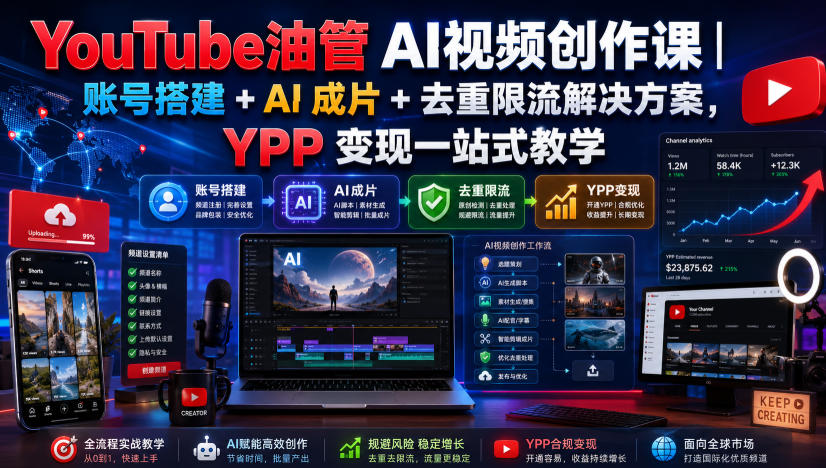 YouTube油管AI视频创作课｜账号搭建+AI成片+去重限流解决方案，YPP变现一站式教学-千寻创业网