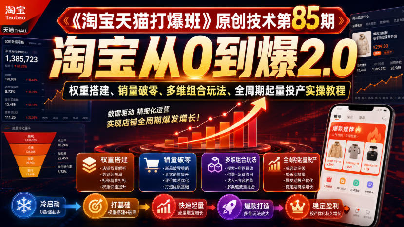 《淘宝天猫打爆班》原创技术第85期，淘宝从0到爆2.0，权重搭建、销量破零、多维组合玩法、全周期起量投产实操教程-千寻创业网