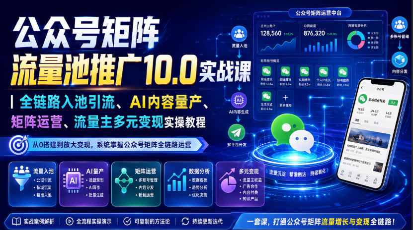 公众号矩阵流量池推广10.0实战课｜全链路入池引流、AI内容量产、矩阵运营、流量主多元变现实操教程-千寻创业网