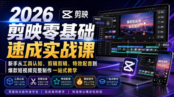 2026剪映零基础速成实战课｜新手从工具认知、剪辑剪辑、特效配音到爆款短视频完整制作一站式教学-千寻创业网