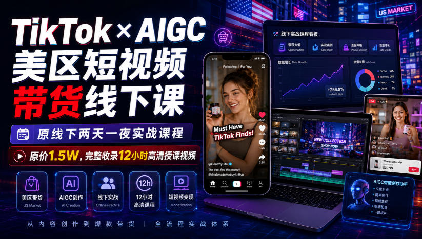 TikTok×AIGC美区短视频带货线下课，原线下两天一夜实战课程，原价1.5W，完整收录12小时高清授课视频-千寻创业网