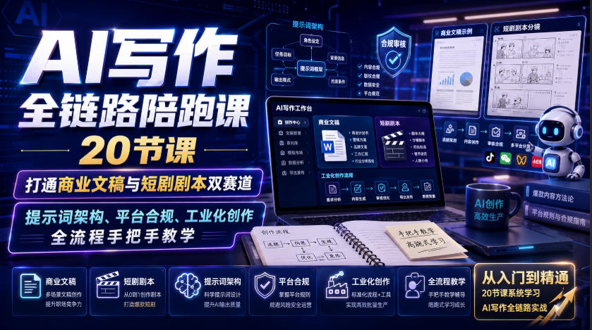AI写作全链路陪跑课｜20节课打通商业文稿与短剧剧本双赛道，提示词架构、平台合规、工业化创作全流程手把手教学-千寻创业网