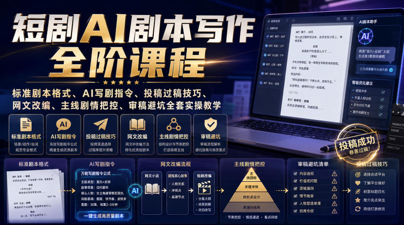 短剧AI剧本写作全阶课程｜标准剧本格式、AI写剧指令、投稿过稿技巧、网文改编、主线剧情把控、审稿避坑全套实操教学-千寻创业网