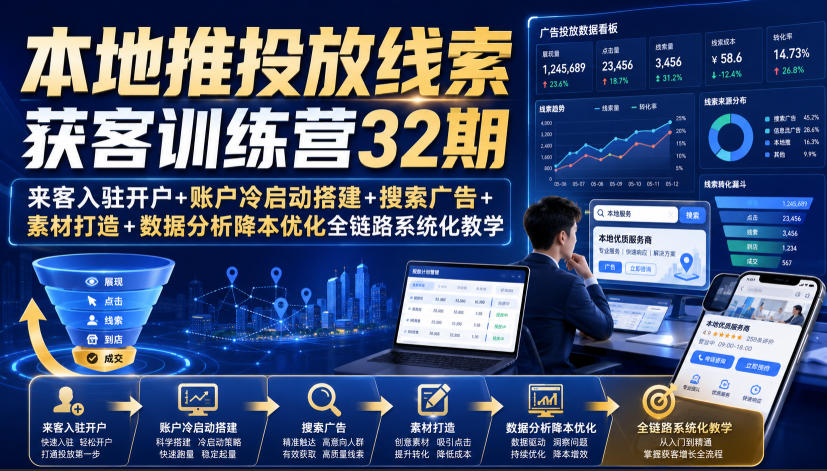 本地推投放线索获客训练营32期｜来客入驻开户+账户冷启动搭建+搜索广告+素材打造+数据分析降本优化全链路系统化教学（8月全新课程）-千寻创业网