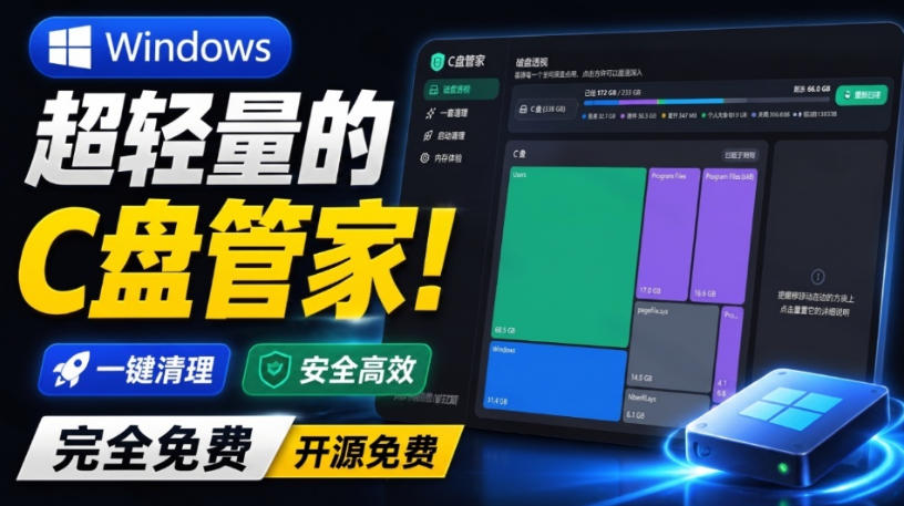 Windows超轻量的C盘管家！超级有特点，支持磁盘分析及清理提醒，2M大小体积，完全免费C盘管家-千寻创业网
