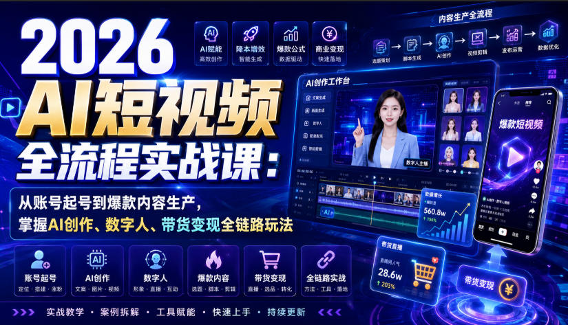 2026 AI短视频全流程实战课：从账号起号到爆款内容生产，掌握AI创作、数字人、带货变现全链路玩法-千寻创业网