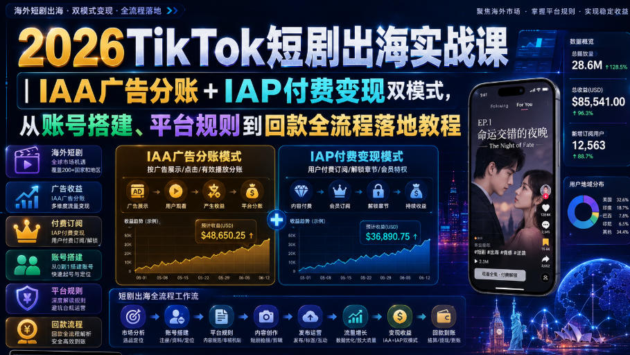 2026TikTok短剧出海实战课｜IAA广告分账+IAP付费变现双模式，从账号搭建、平台规则到回款全流程落地教程-千寻创业网