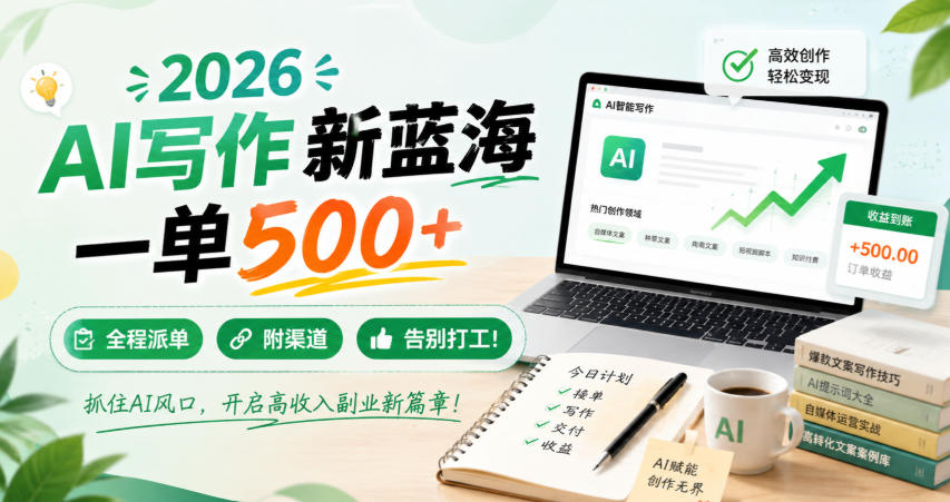 2026 AI写作新蓝海，一单500+，全程派单，附渠道，告别打工！【揭秘】-千寻创业网