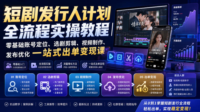 短剧发行人计划全流程实操教程｜零基础账号定位、选剧剪辑、视频制作、发布优化一站式出单变现课​-千寻创业网