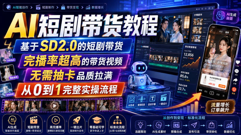 AI短剧带货教程，基于SD2.0的短剧带货，完播率超高的带货视频，无需抽卡品质拉满，从0到1完整实操流程-千寻创业网