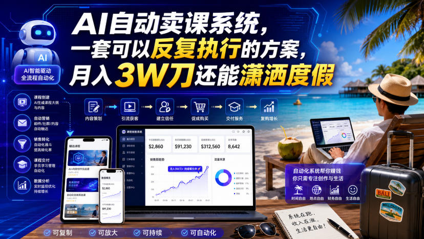 AI自动卖课系统，一套可以反复执行的方案，月入3W刀还能潇洒度假【原创双语字幕】-千寻创业网