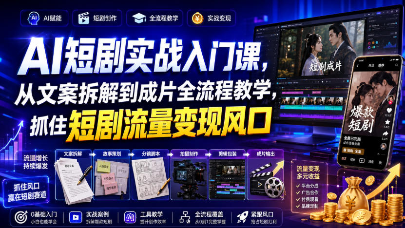 AI短剧实战入门课，从文案拆解到成片全流程教学，抓住短剧流量变现风口-千寻创业网