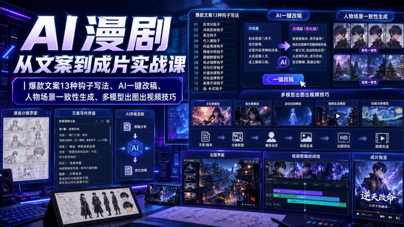AI漫剧从文案到成片实战课｜爆款文案13种钩子写法、AI一键改稿、人物场景一致性生成、多模型出图出视频技巧-千寻创业网