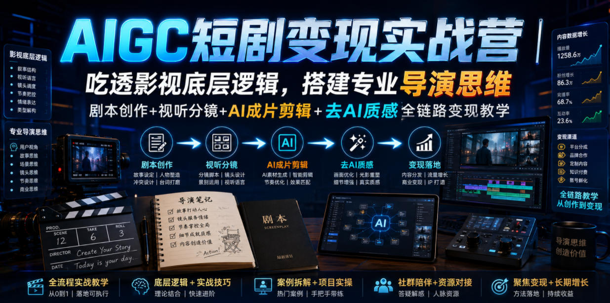 AIGC短剧变现实战营｜吃透影视底层逻辑，搭建专业导演思维，剧本创作+视听分镜+AI成片剪辑+去AI质感全链路变现教学-千寻创业网