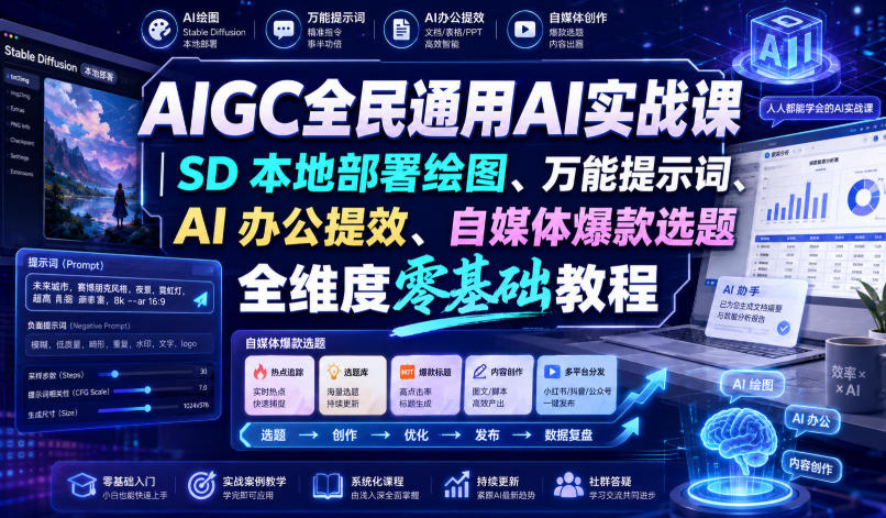 AIGC全民通用AI实战课｜SD本地部署绘图、万能提示词、AI办公提效、自媒体爆款选题全维度零基础教程-千寻创业网