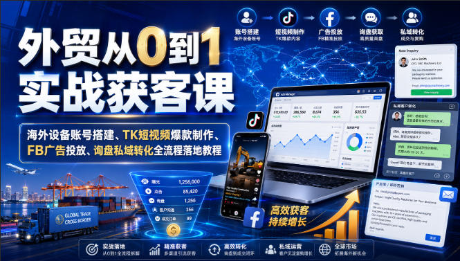 外贸从0到1实战获客课｜海外设备账号搭建、TK短视频爆款制作、FB广告投放、询盘私域转化全流程落地教程-千寻创业网