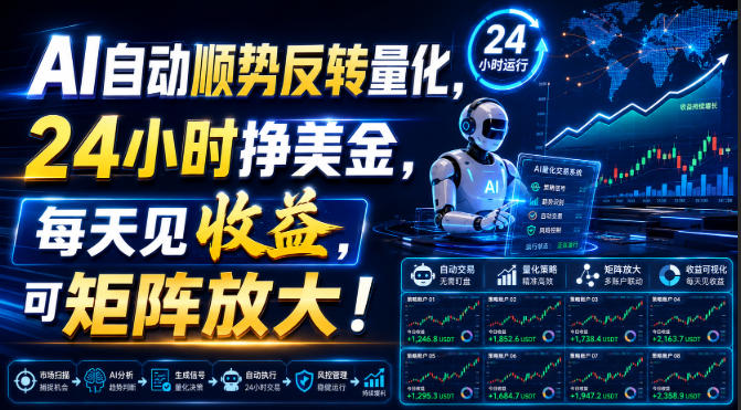 AI自动顺势反转量化，24小时挣美金，每天见收益，可矩阵放大！【揭秘】-千寻创业网